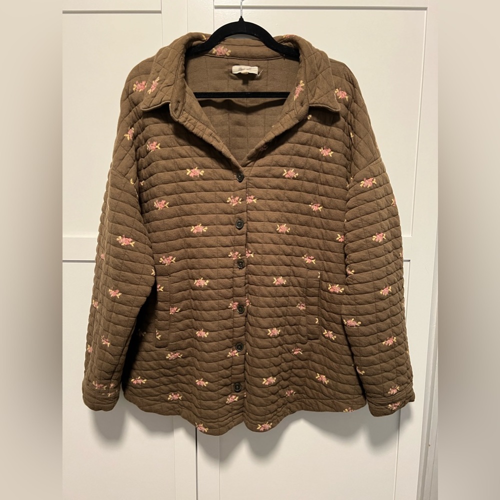 Madewell Brown Quilted Jacket with Pink Floral Embroidery